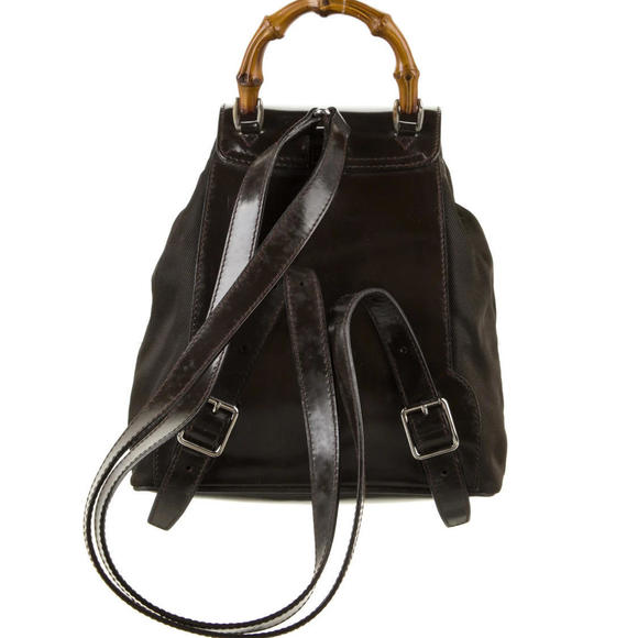 Authentic Gucci Brown Nylon Mini Bamboo Patent Leather Trimmed Backpack - Picture 3 of 6